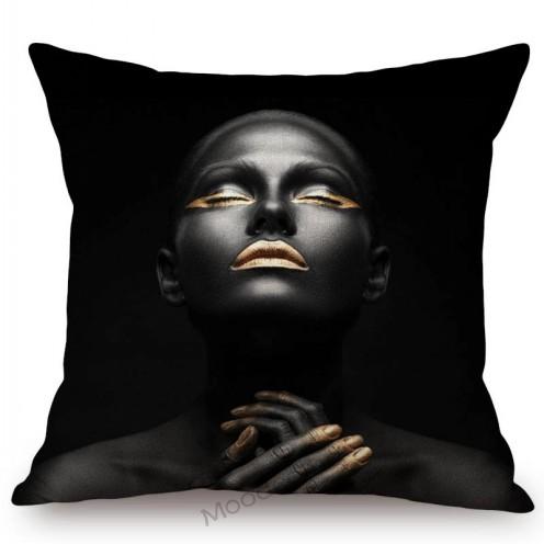 Black Gold African Lady Girl Style Modern Fashion Living Room Luxury Looking Decoration Art Sofa Pillow Case Linen Cushion Cover