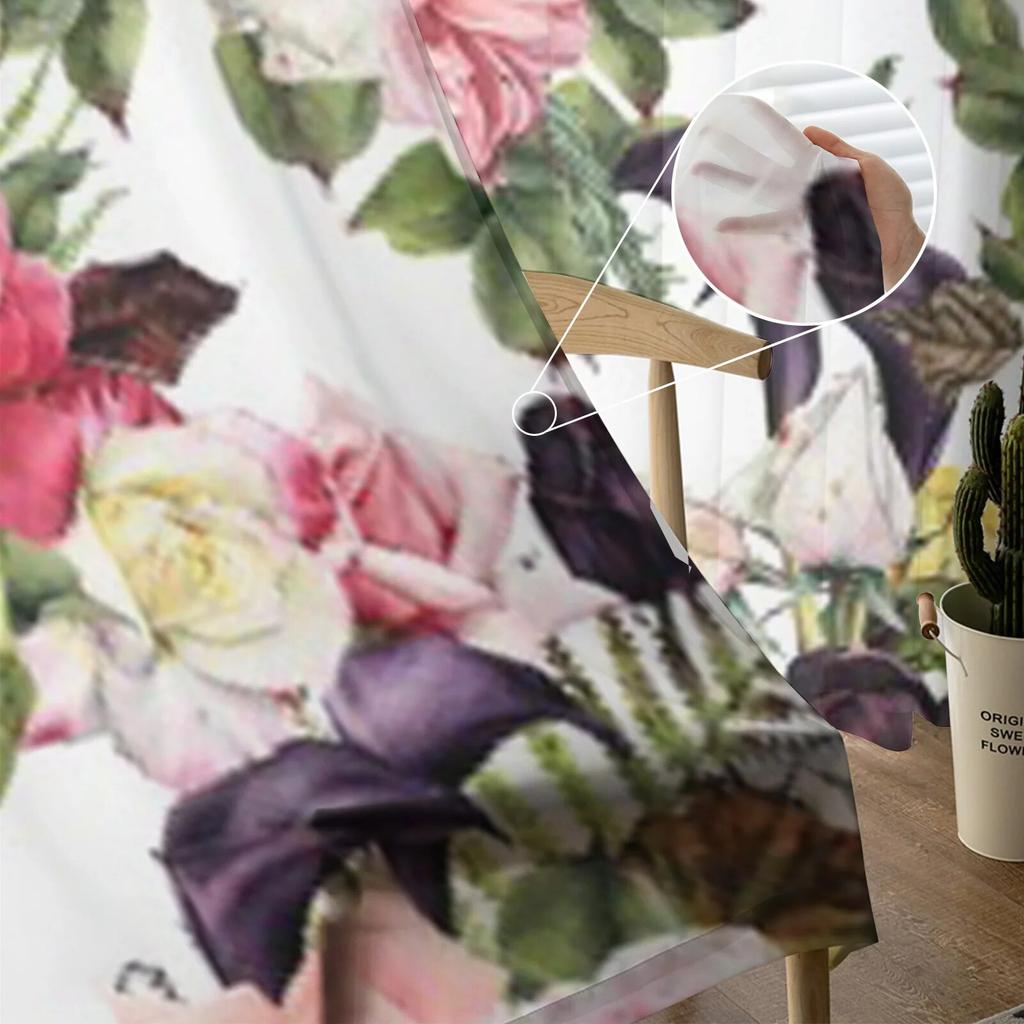 Floral Roses Watercolor Flowers Chiffon Sheer Curtains for Living Room Bedroom Kitchen Decoration Window Voiles Tulle Curtain