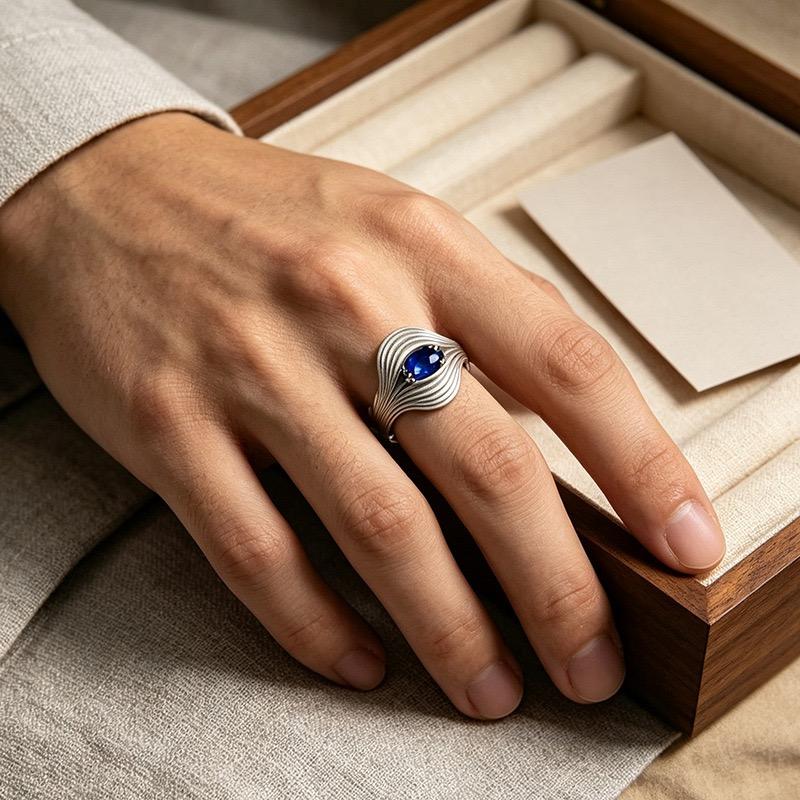 Xiaomi 925 Sterling Silver Rings For Women Geometric Fine Jewelry Finger Adjustable Retro Blue Stone Ring For Party Birthday Gift