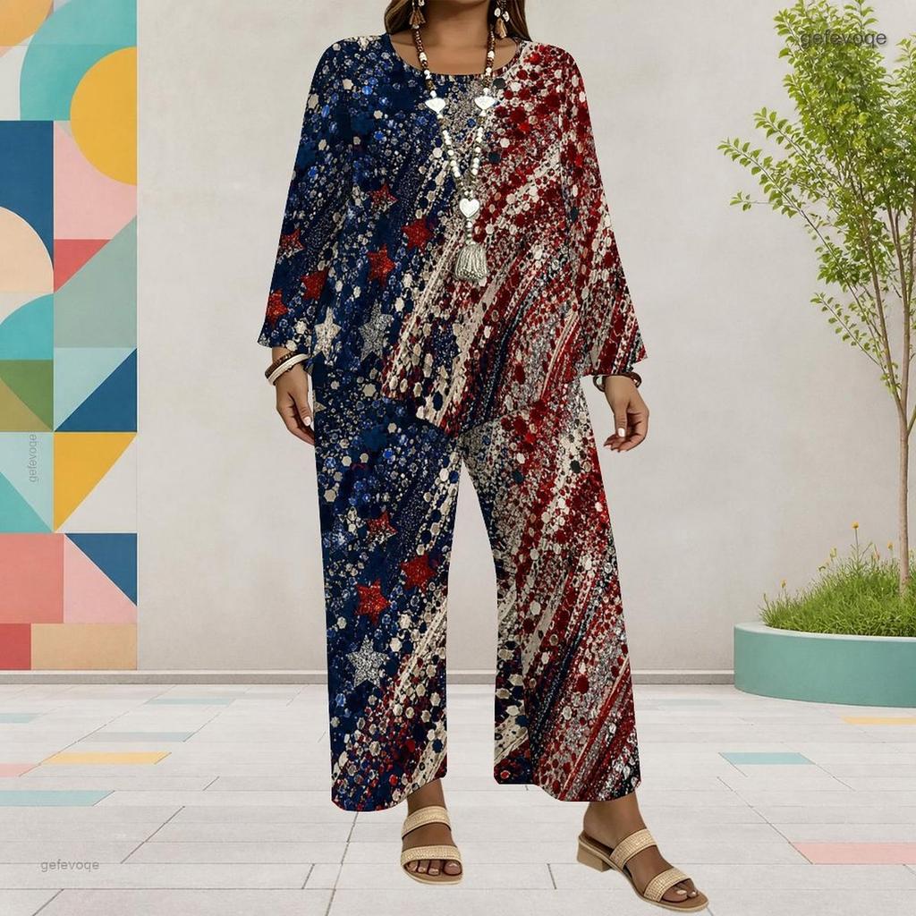 Women Plus Size Round Neck Long Sleeve Printed Top And Wide Leg Pants Two Piece Set
