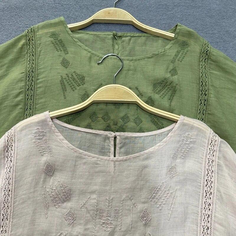 Johnature Summer Sweet Embroidery Tops Vintage Casual Design Sense Versatile Short Sleeve Pullover Shirts Women