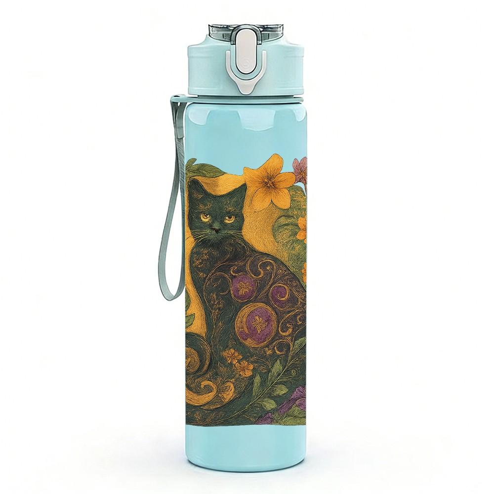 1PC Black Cat Wild Floral Frame 750ml Color Plastic Sports Water Bottle Leakproof Flip Straw Lid Suitable for Sports Office Home Use