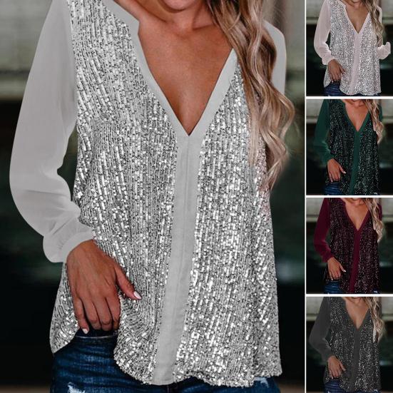 Пуловер большого размера с шеей Мягкие блестящие пайетки V с длинным рукавом Свободный дышащий средней длины Сплошной цвет Производительность