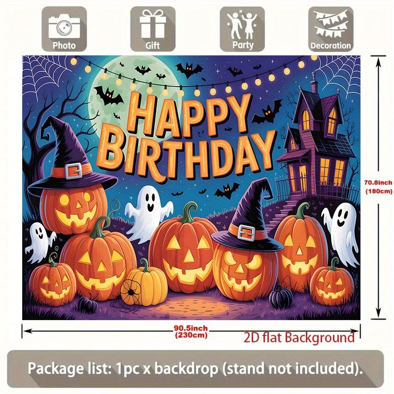 One Halloween-themed birthday backdrop - Weird witch hat, pumpkin lanterns and haunted housezyc
