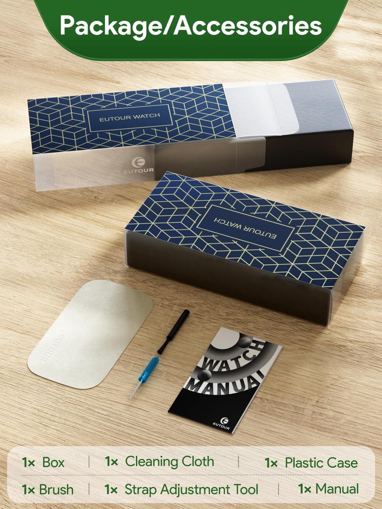 Деревянные магнитные часы Модные спортивные кварцевые часы с черным циферблатом Черный браслет из нержавеющей стали Сетчатый ремень [EUTOUR] Мужские