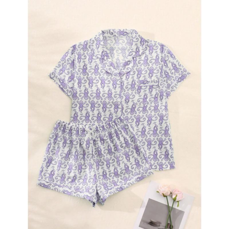 Summer Women Short Sleeve Top and Shorts 2 Piece Set Pajamas Female Fashion Sleepwear Cartoon Print Cardigan Pyamas Set Homewear