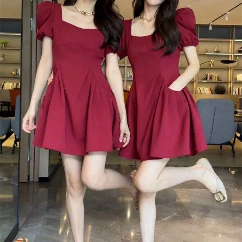 Летнее платье с квадратным вырезом, пышными рукавами и драпировкой, стройнящее фигуру, для женщин