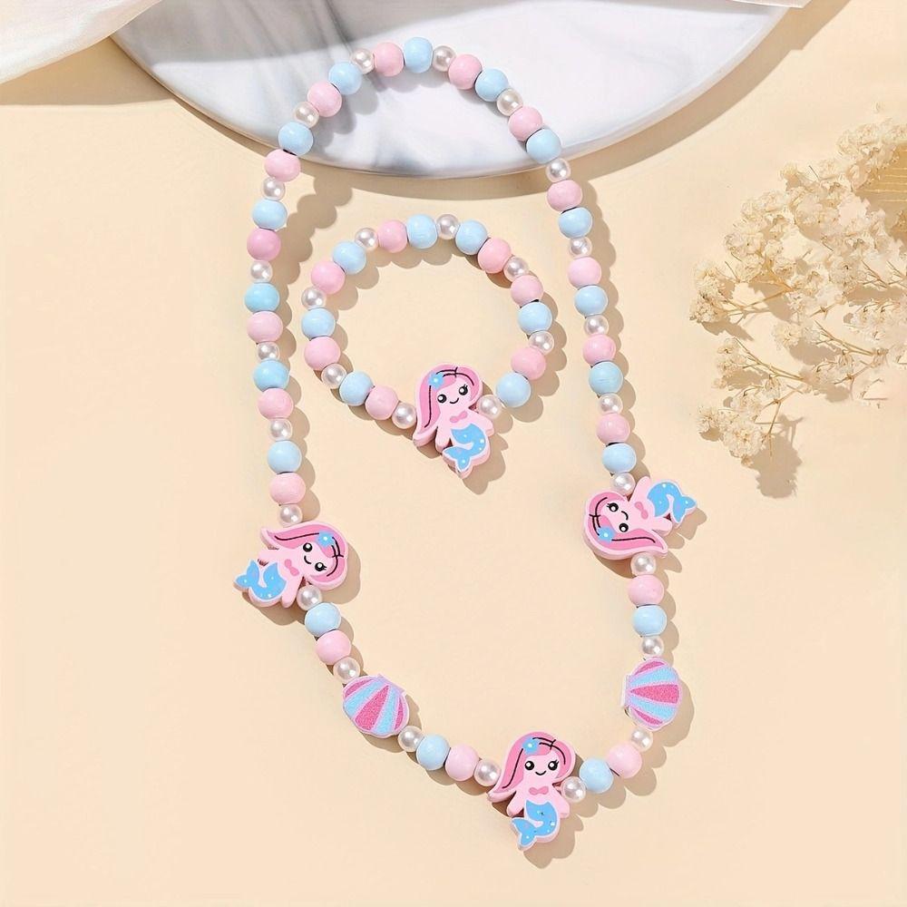 2pcs Cute Cartoon Wood Beads Necklace Animal Shape Children's Necklace Bracelet Jewelry Set
