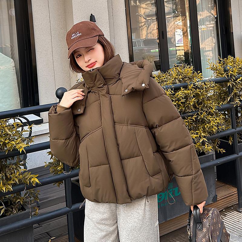 Winter short hooded bread clothes for women, loose shoulder drawstring hem cotton clothes, versatile and thickened small people