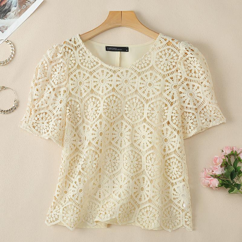 ZANZEA Женская повседневная кружевная блузка в стиле пэчворк с коротким рукавом на лето