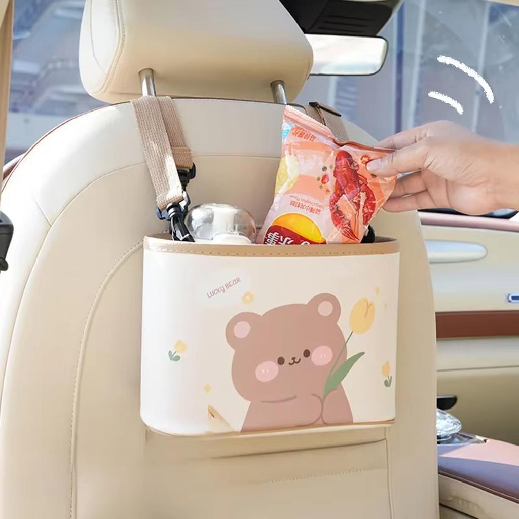 Cartoon Bear Car Trash Can Leather Printing Car Storage Bucket Hanging Multi-functional Car Storage Box