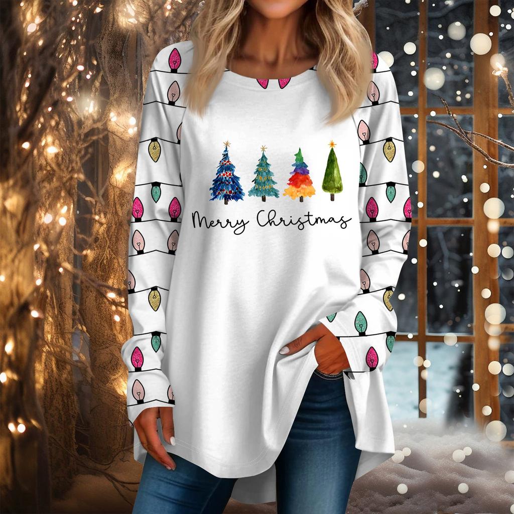 Женская повседневная футболка больших размеров с длинными рукавами и круглым вырезом с рождественским принтом, топ, пуловер