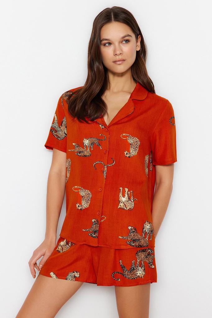 Women's Fashion New Pajama Set Dark Rose Animal Patterned Viscose Shirt-Shorts Woven Pajama Set