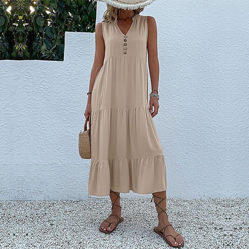 Sleeveless V Neck Casual Summer Women Dress Fashion Loose Elegant Office Ladies Dresses Layered Ruffled Solid A-line Female Dress 922