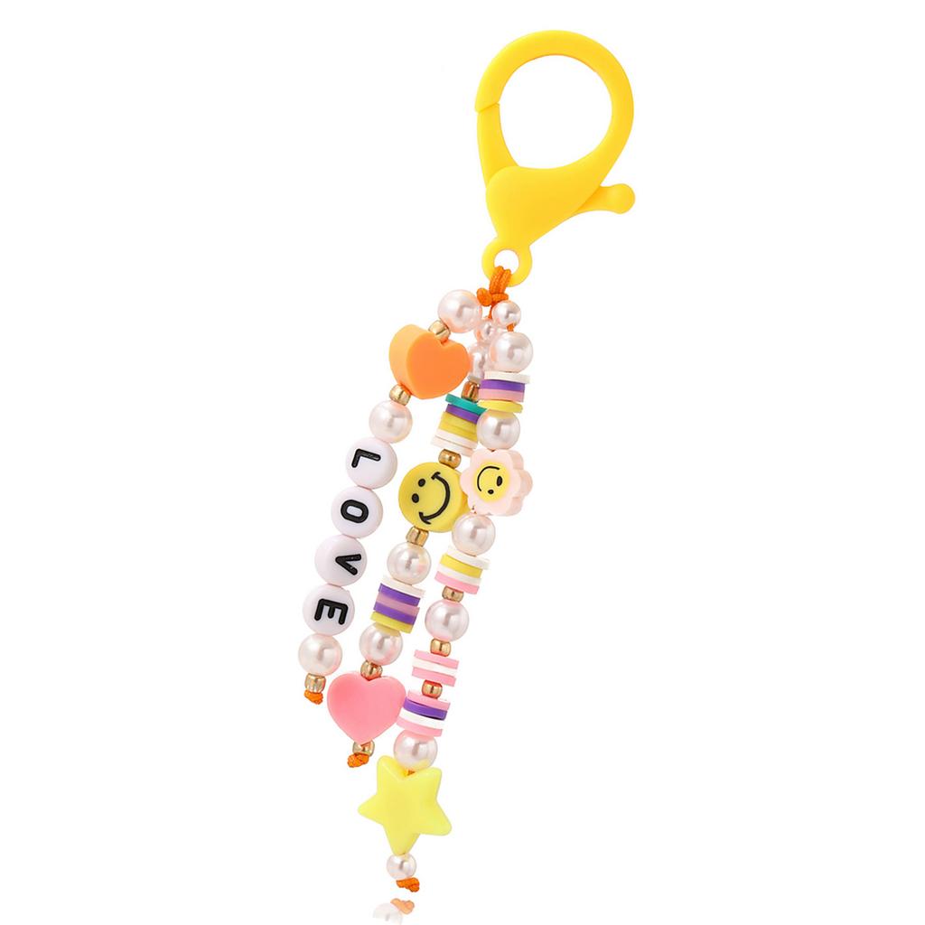 Colorful Bead Keychain Charm for Kids and Students School Bag Pendant Smiling Face and LOVE Letter Beaded Keychain