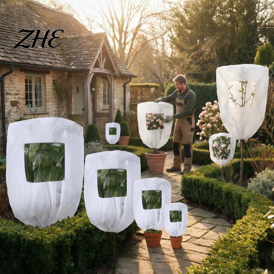 Thermal Plant Barrier for Winter Cover, Drawstring Freeze Protection Bag with Window, Non-woven Proof Sack Fabric Frost Blanket Outdoor Potted Plants