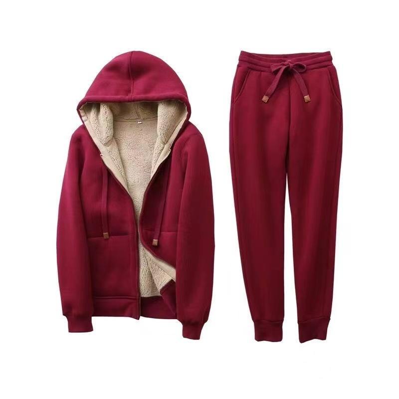 Женский зимний плюшевый повседневный костюм: Однотонная куртка с капюшоном и утягивающие спортивные брюки