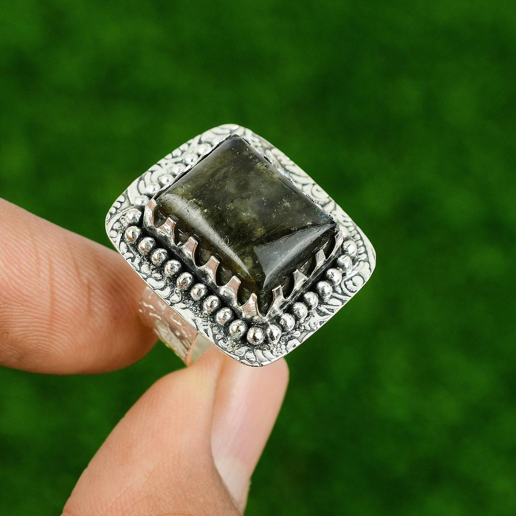 Лабрадорит Драгоценный Камень 925 Серебро Безель Модное Обещание Новое Кольцо Ювелирное Изделие Размер 7.75