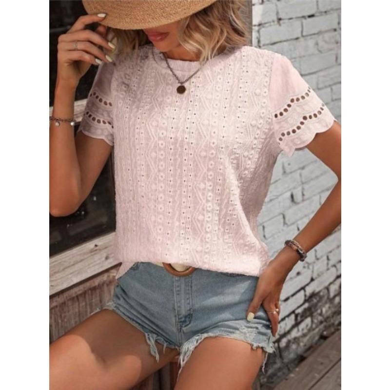 DAFIFY Women's Fashion Casual Summer Spring Solid Color Print Short Sleeve O-Neck Blouses & Shirts