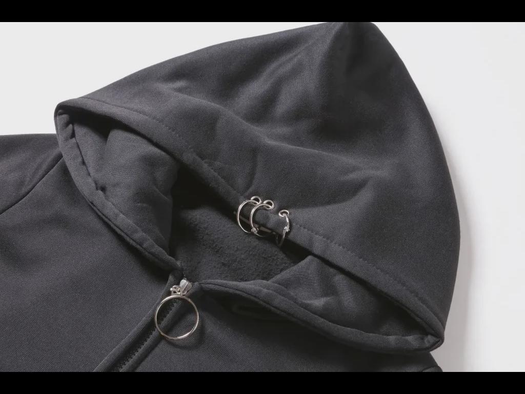 Женский черный свитер Kepeng с длинными рукавами и капюшоном с отделкой в виде железного кольца