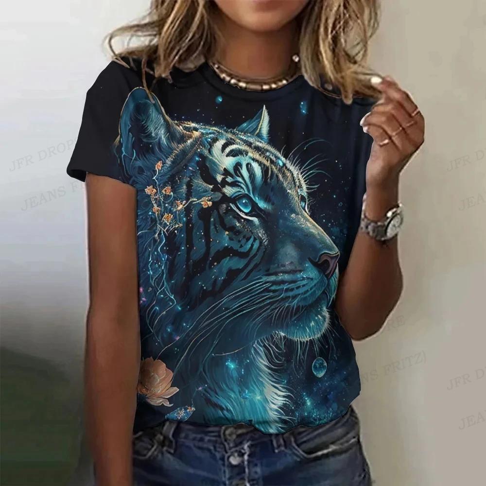Summer Tiger Pattern T-shirt Animal 3d Printing Women's Casual Round Neck Short-sleeved Retro Y2k Harajuku Top Women's Clothing