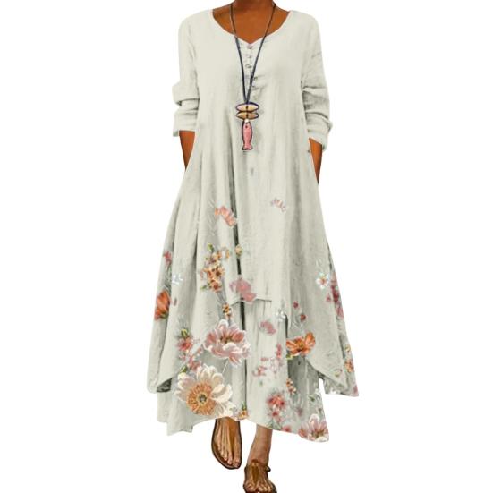 Spring Fall Dress with Pockets Vintage Flower Printing Irregular Layerd Hem Loose A-line Maxi Dress for Daily Work Party