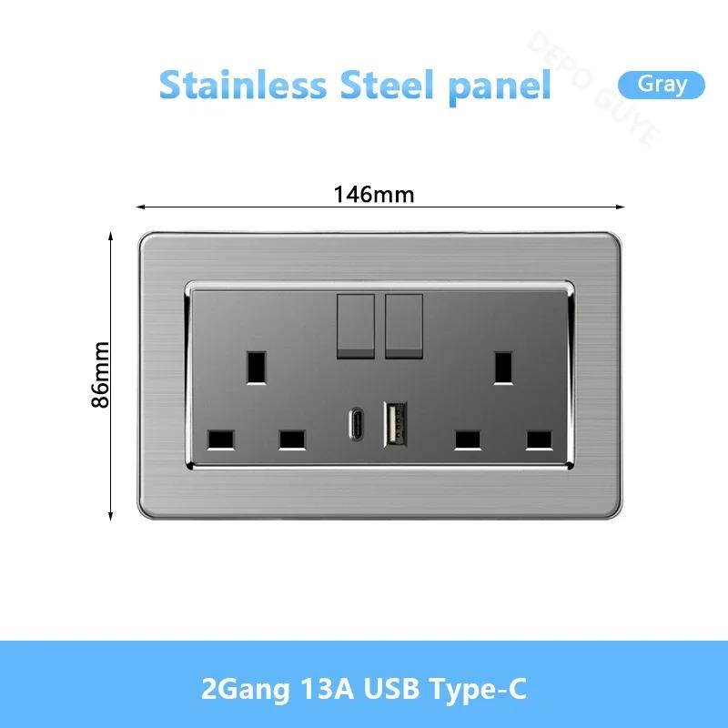 Universal Wall Light Switch Brushed Stainless Steel Panel,UK Type-c 18W Quick Charging Socket 220V Double USB Electrical Outlet
