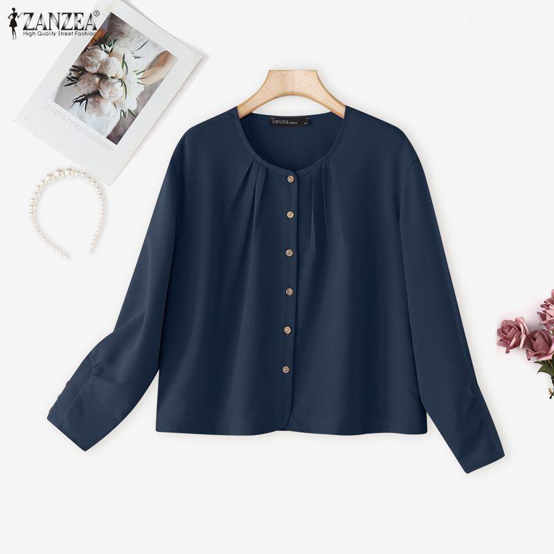 ZANZEA Женская повседневная блузка с круглым вырезом, однотонная, с длинным рукавом, свободного кроя