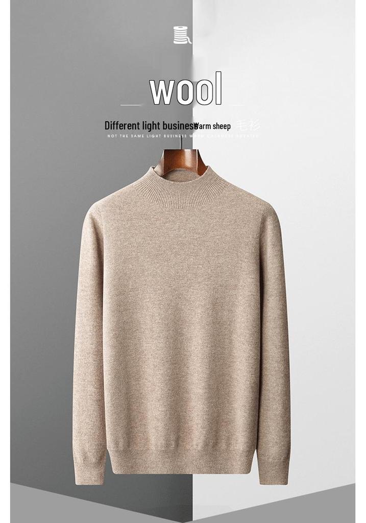 Men's Pure Wool Half-High Collar Solid Color Pullover Sweater - Loose, Plus Size, Warm Knitwear