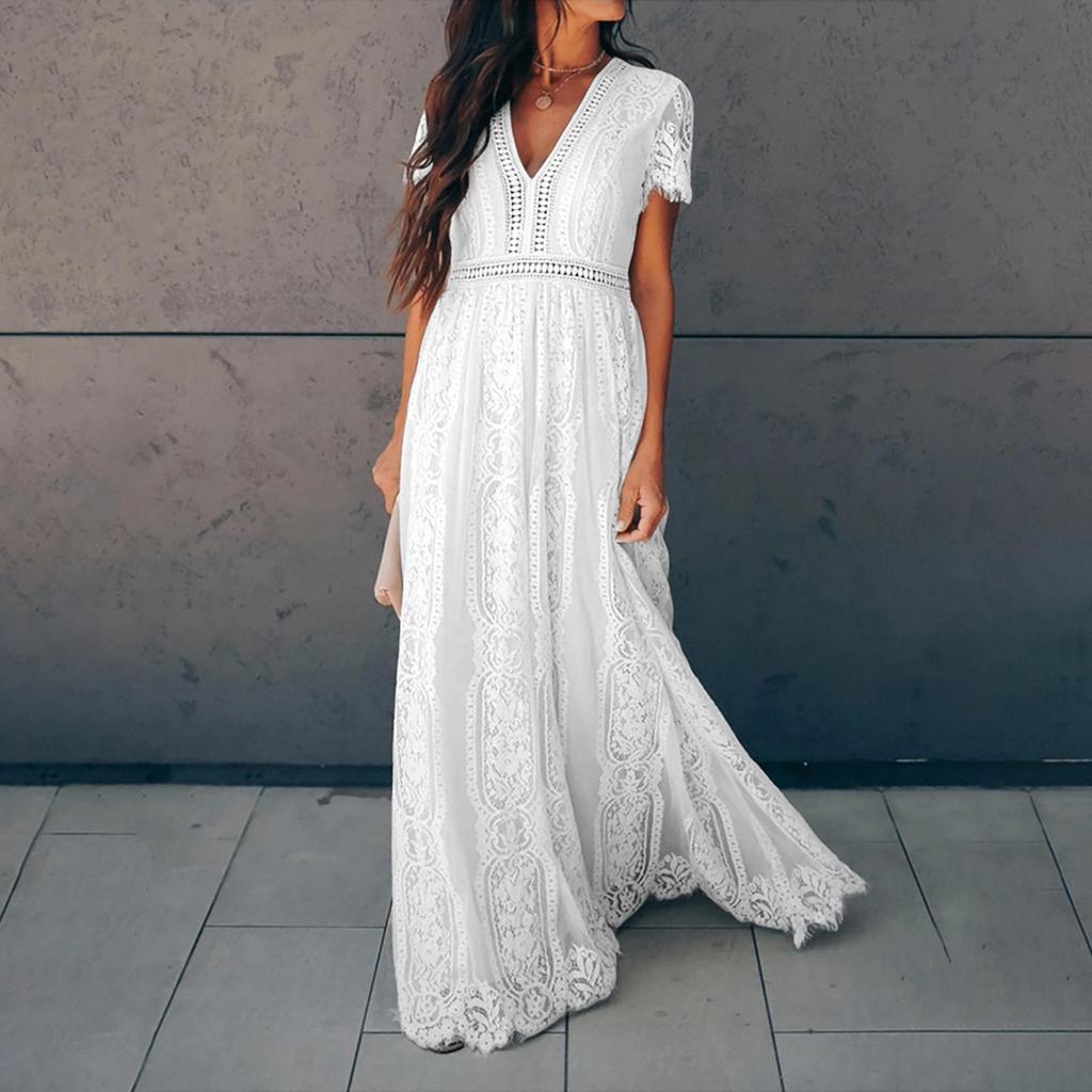 Платье с короткими рукавами и V-образным вырезом в европейском и американском стиле из кружева