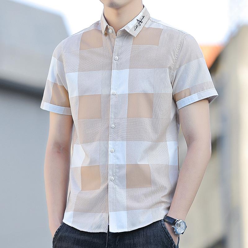 Новая летняя мужская клетчатая рубашка с короткими рукавами. Тонкая модная красивая повседневная мужская универсальная клетчатая рубашка.