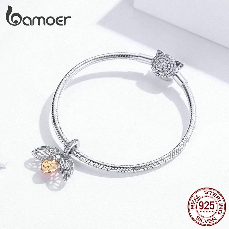 BAMOER Guardian Wings Семейный кулон из настоящего стерлингового серебра 925 пробы, подвеска для женщин, серебряный браслет с сердцем