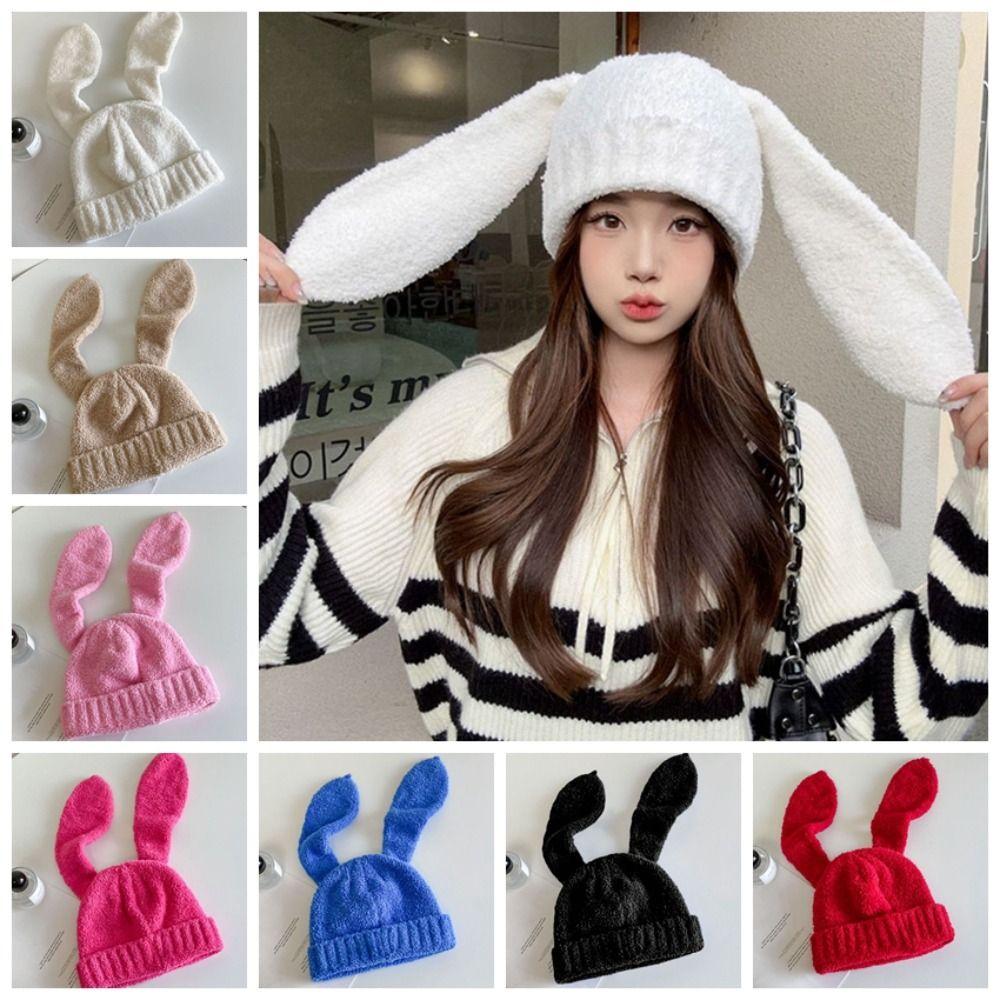 Knitted Rabbit Ear Hats Solid Color Plush Skull Cap Lovely Women Beanie Hat Girl