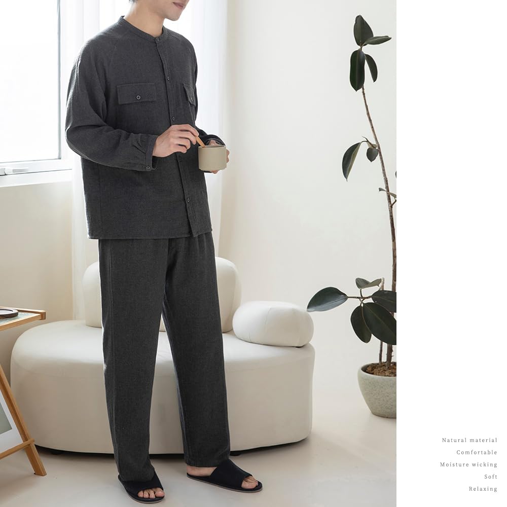 Да Семейная пижама из двойной марли, длинная, спереди, размер темно-серый, мужской комплект, пряжа-окрашенная марля, 100% хлопок, рукава, разрез, домашняя одежда, XL,