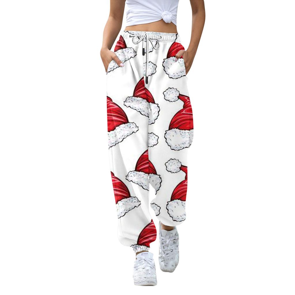 Женские повседневные модные рождественские принтованные повседневные спортивные брюки с эластичной талией и завязками на шнурке