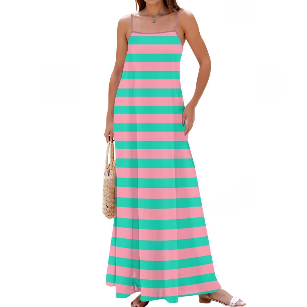 Women's Spring And Summer Casual Fashion Adjustable Suspenders Printed Long Dress