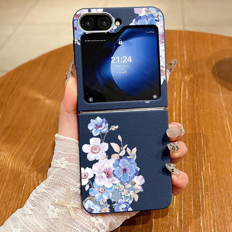 Leather Texture TPU Case For Magsafe For Samsung Galaxy Z Flip 6 5 4 3 5G Flip6 Flip5 Flip4 Blue Flower Patterned Folding Cover