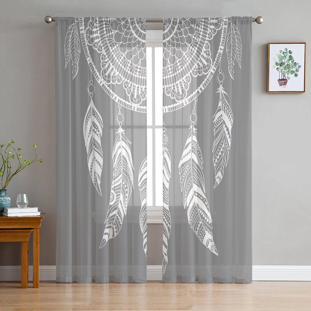 Dream Catcher Watercolor Feather Pattern Modern Tulle Curtains for Living Room Bedroom Home Kitchen Window Sheer Curtains