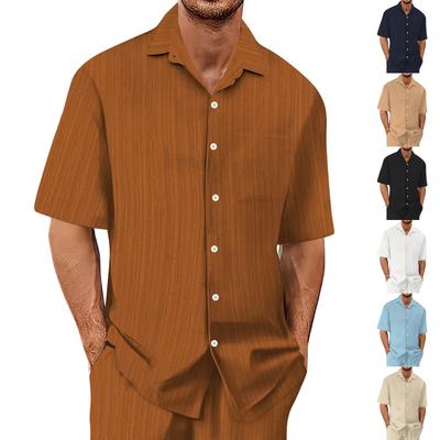 Мужская летняя гавайская рубашка в однотонную полоску с текстурированной дышащей отделкой на пуговицах