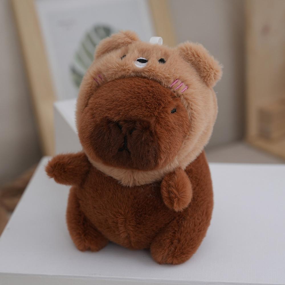 Cartoon CapIbara Keychain with Bee Rabbit Frog Bear Hat Plush Animals Toy Birthday Gift