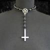 Rosary Necklace Gothic Inverted Cross Pendant Pagan Mysterious Silver Pentagram