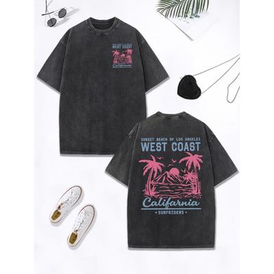 Калифорнийский пляж западного побережья Принт Выстиранные футболки Женская хлопковая футболка оверсайз с круглым вырезом Удобные топы Женская одежда