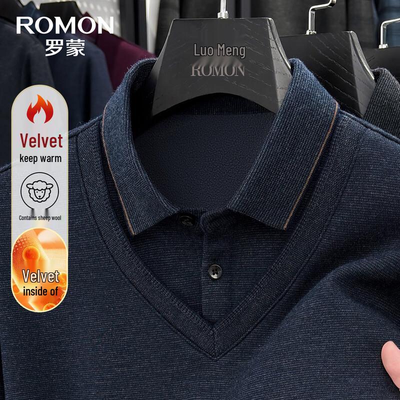 ROMON Men's Fleece-Lined Faux-Layer Crew Neck Knit Sweater