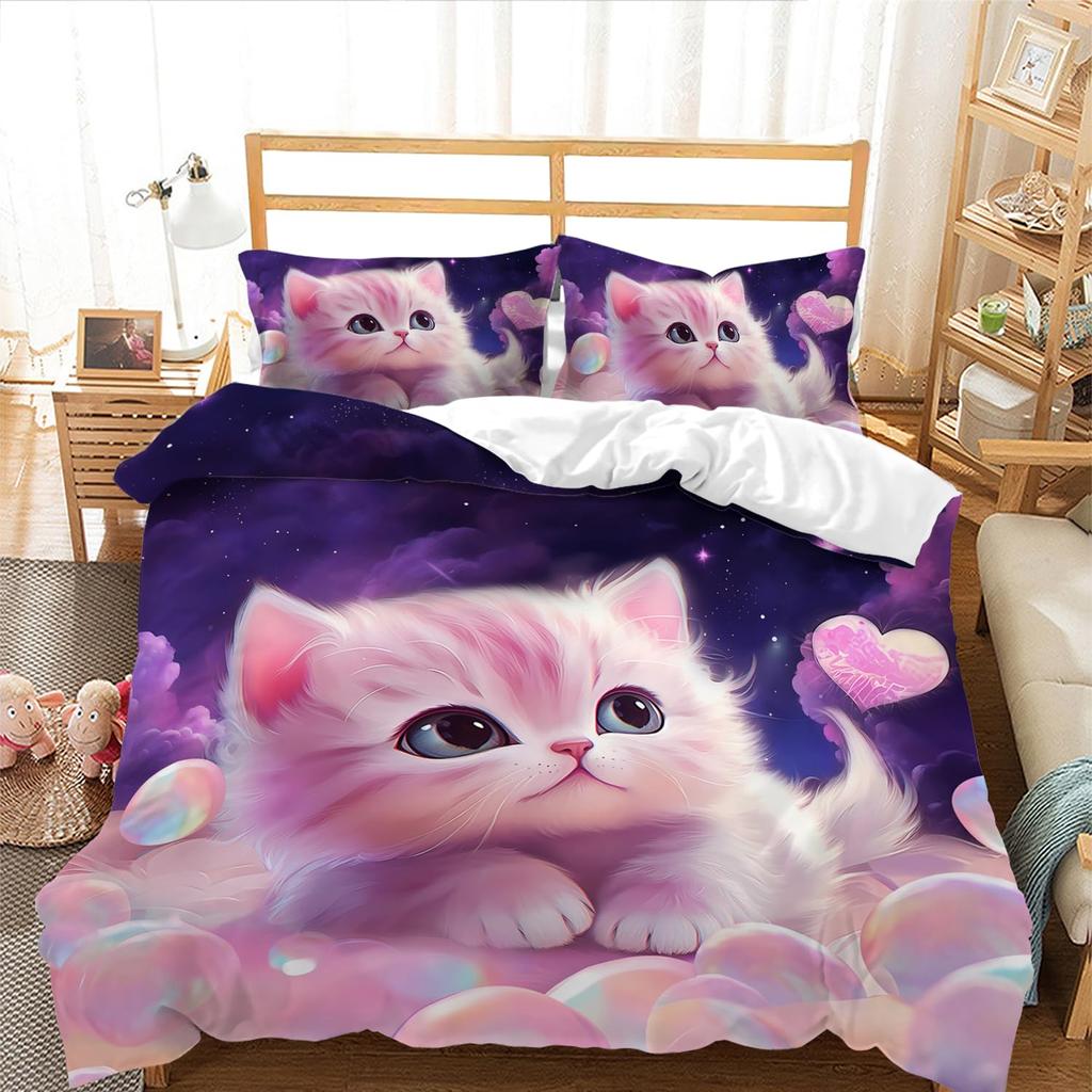 Cartoon Cat Pattern Duvet Cover Queen King Size Soft Bedding Set For Girls Toddlers Teens 3 Piece Set With 2 Pillowcases