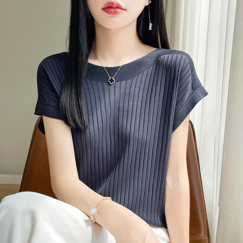 Модный женский свитер с вырезом-лодочкой из ледяного шелка, весна-лето, вязаный свитер, свободные повседневные рубашки, трикотажные изделия с коротким рукавом