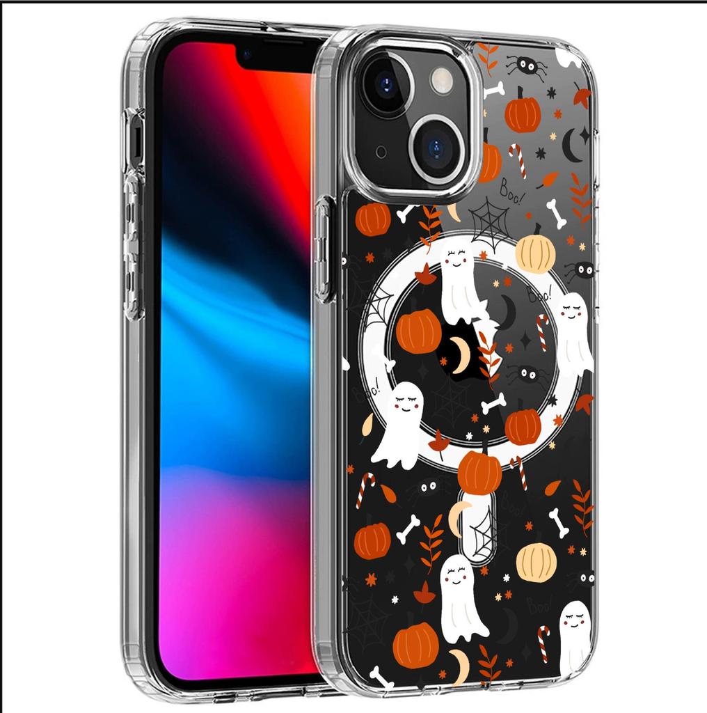 Прозрачный чехол с полным покрытием и магнитом, Белый Череп, для iPhone 15/16/17 Pro Max.