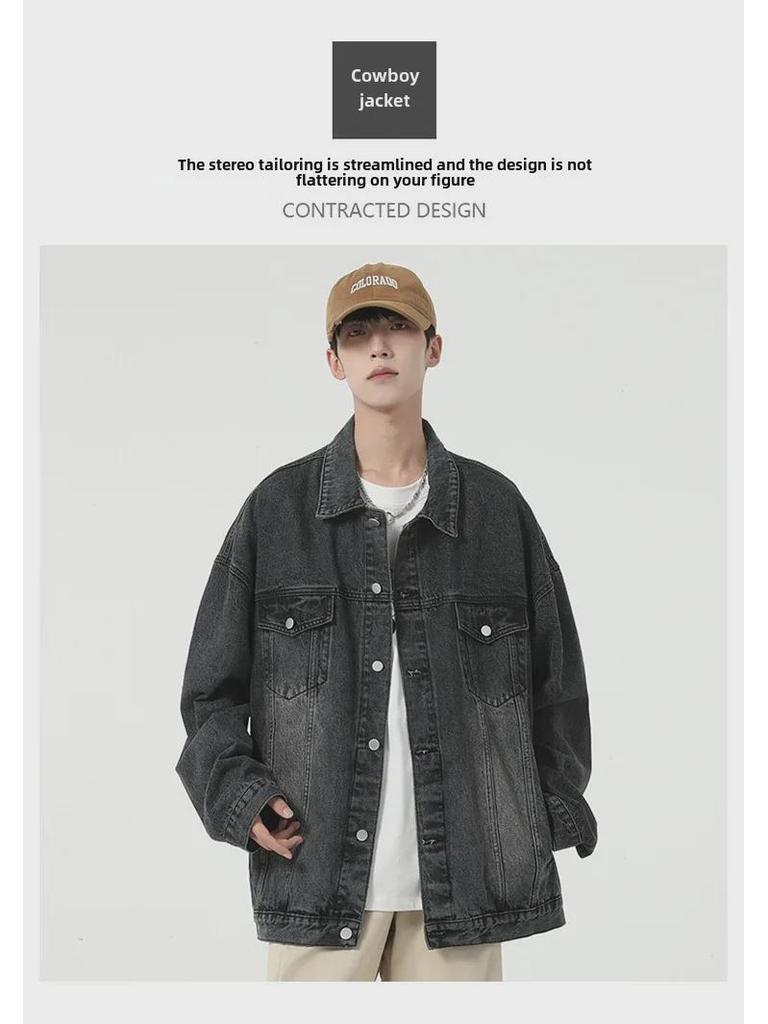 Осень/Зима 2023 Мужская джинсовая куртка свободного кроя - Модная верхняя одежда с лацканами и пуговицами