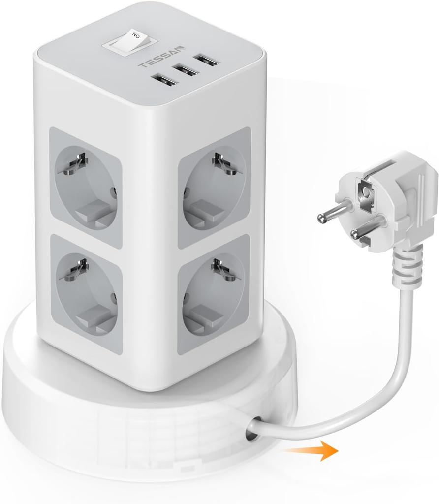 Tessan Башня с несколькими розетками и 3/4 USB-портами, удлинительный кабель 2 м, вертикальная вилка, электрическая розетка, защита от перенапряжения для дома