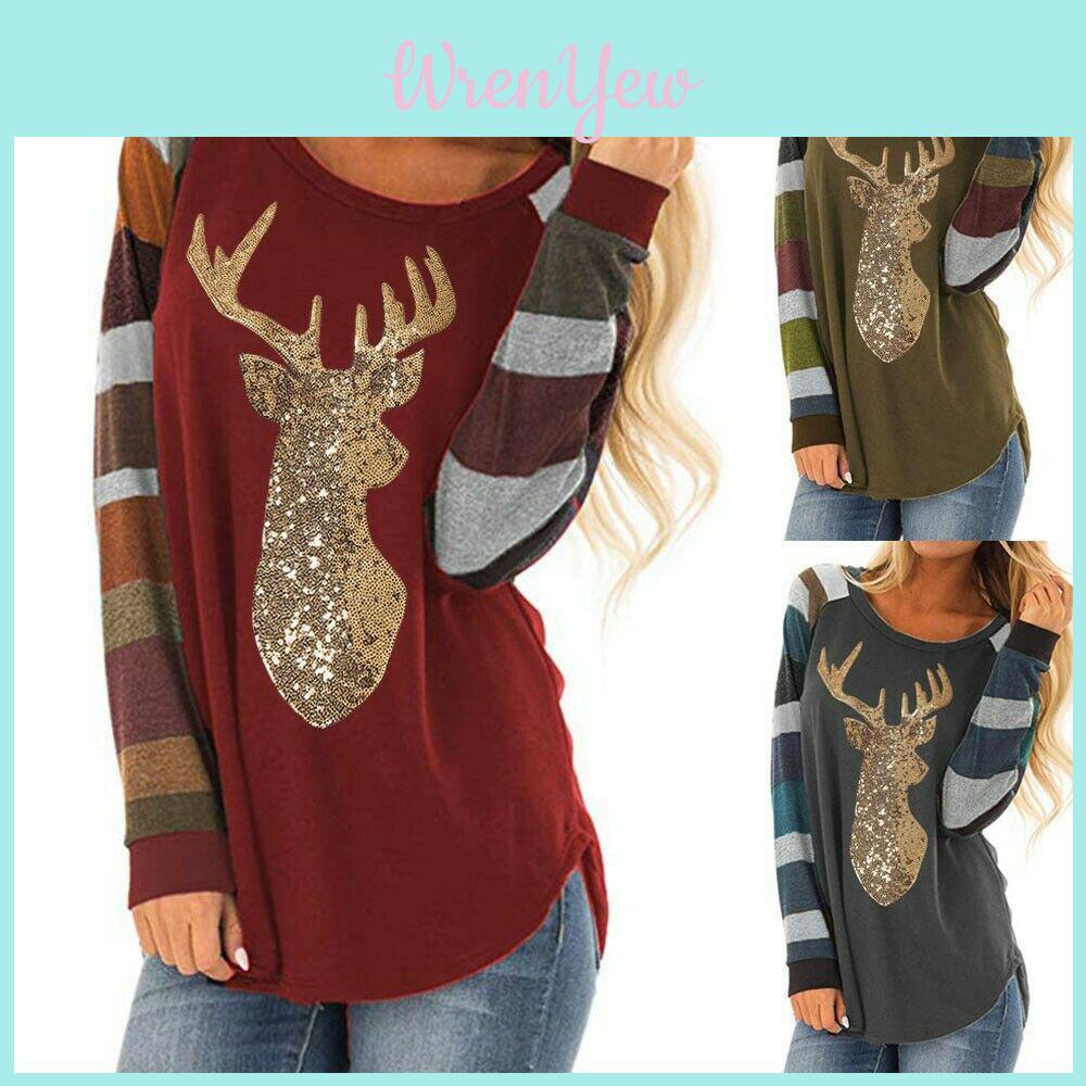 Soft Womens Christmas T-shirt Blouse With Chic Long Sleeves And Reindeer Motif