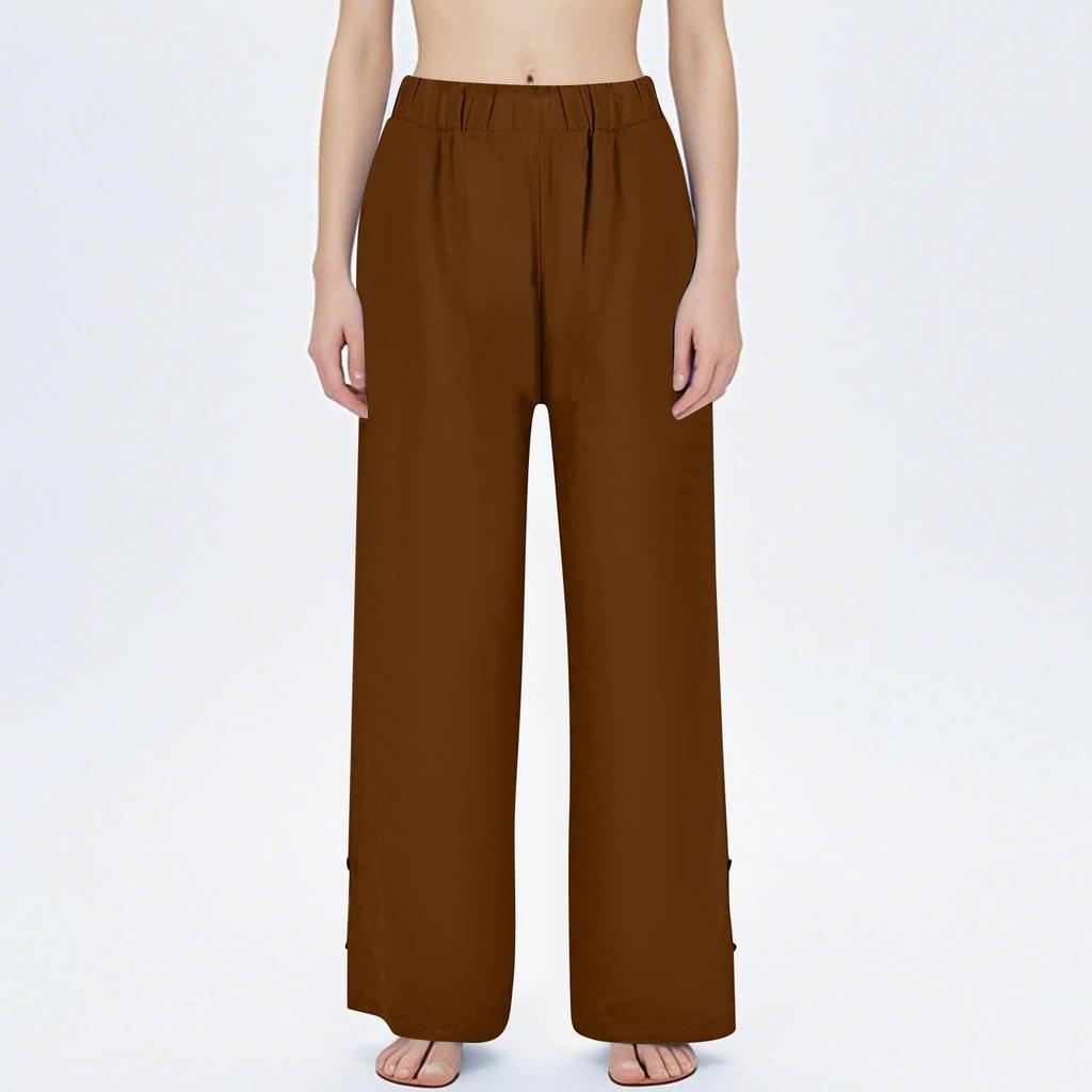 Women's Fashion Cotton Linen Solid Color Casual Daily Side Pockets Leg Hollow Button Trousers